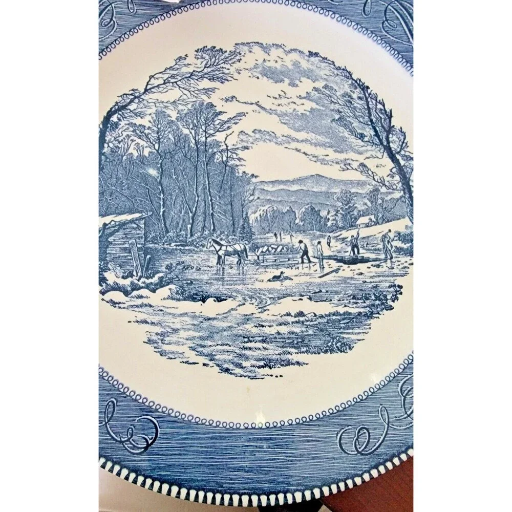 Vintage Royal Currier & Ives Blue Chop Plate Round Plate Platter Getting Ice 12